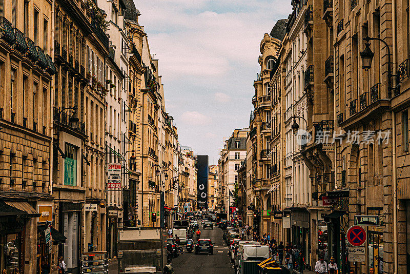 Elevated View of Rue Saint-Honoré in Downtown Paris, France near Pl. de la Madeleine and Place Vendôme